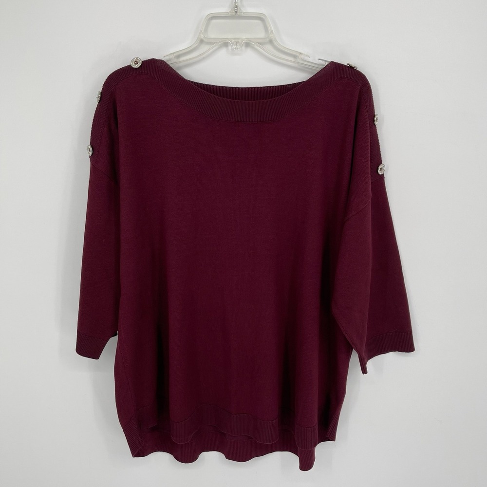 Cable & Gauge Women's Burgundy Embellished Shoulder Boat Neck Sweater Size 1X